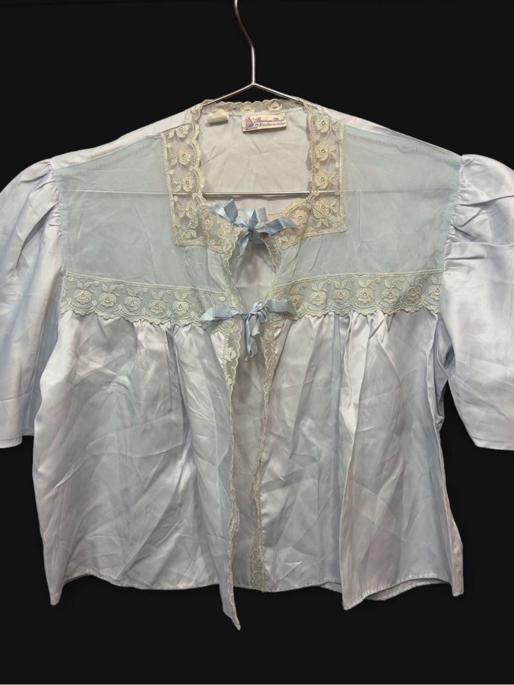 Vintage Light Blue Lace-Trim Women's Peignoir Top with Bow Detail